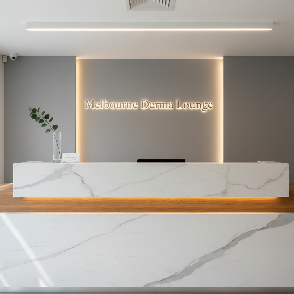 An elegant front reception desk of a cosmetic skin and laser clinic, crafted from smooth white stone with a subtle veining pattern and a warm wood accent panel beneath the counter edge. Behind the desk, a softly backlit wall displays the clinic name “Melbourne Derma Lounge” in refined metallic lettering, set against a matte dove-grey backdrop. On the counter rests a single slim glass vase with a minimal green branch, next to neatly stacked appointment cards. Overhead, concealed LED strip lighting casts a gentle, even glow, while daylight from an unseen window adds soft highlights. Photographic realism, captured straight-on with symmetrical composition and sharp focus, creating a professional, calm, and luxurious atmosphere suitable for a modern cosmetic clinic homepage.