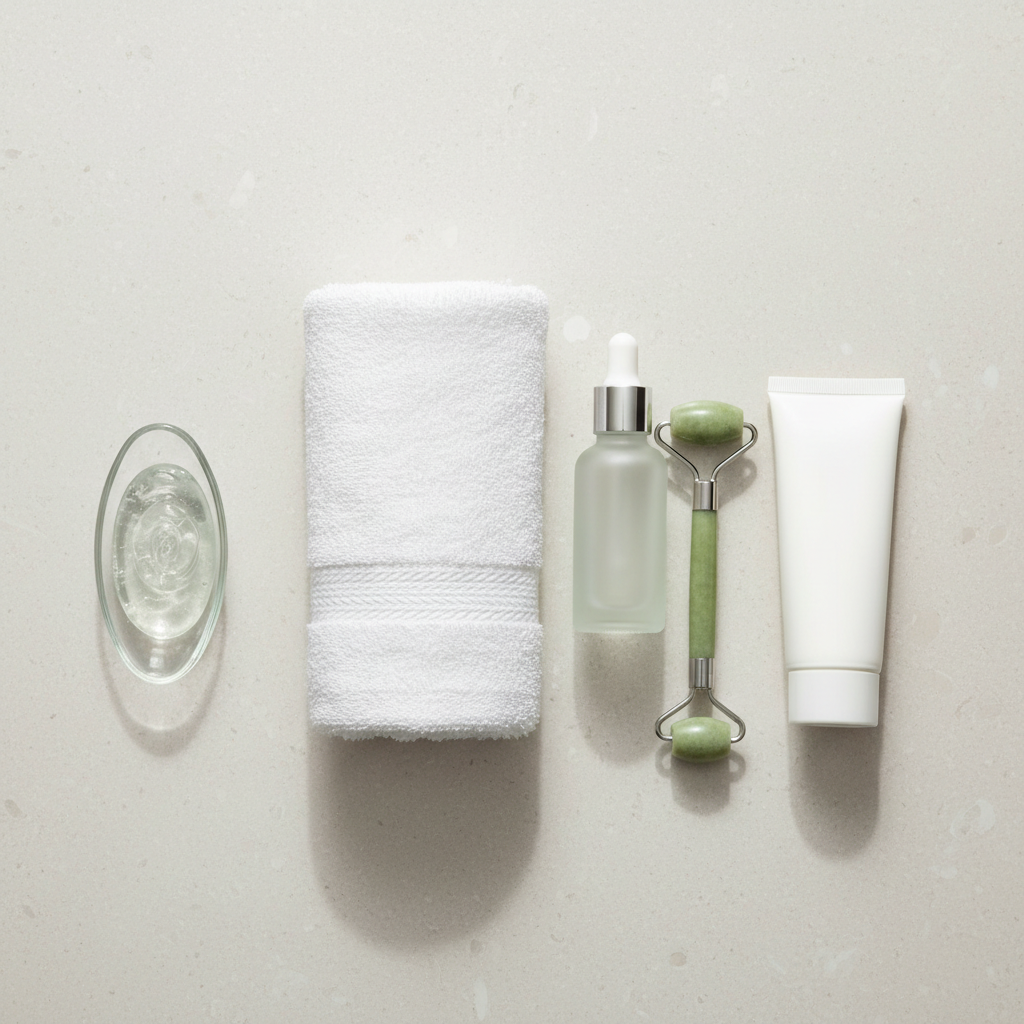 A serene flat-lay scene representing post-treatment skincare at a cosmetic clinic, arranged on a pale, matte stone surface with a subtle, natural speckle. At the center lies a folded, ultra-soft white towel with a faint textured pattern, beside a frosted glass serum bottle with a silver dropper, a smooth white tube of cream, and a small jade-green facial roller with polished metal accents. A slim glass dish holds translucent gel with a glossy sheen. Soft, diffused overhead daylight creates gentle, barely-there shadows and delicate highlights on the glass and metal, enhancing the sense of cleanliness. Photographic realism with a top-down, perfectly centered composition, ample negative space, and a calm, understated color palette, conveying soothing, professional aftercare in a premium cosmetic skin and laser clinic.
