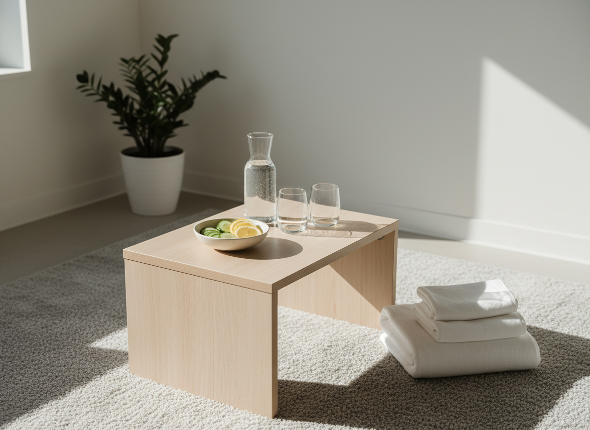 A soothing post-treatment relaxation area within a cosmetic clinic, centered around a low, pale wood table with a smooth, satin finish, set on a soft, light-grey rug with a subtle weave. On the table rests a slim glass carafe of water with delicate condensation, two clear tumblers, and a shallow ceramic bowl filled with fresh green cucumber slices and lemon wedges. Nearby, a neatly stacked pile of folded white blankets and a small potted plant with glossy dark-green leaves sit against a matte white wall. Warm, indirect afternoon light filters in from an unseen side window, creating soft gradients of light and gentle shadows. Photographic realism from a slightly elevated angle with moderate depth of field, evoking a calm, restorative, and professional atmosphere aligned with premium cosmetic skincare and laser services.