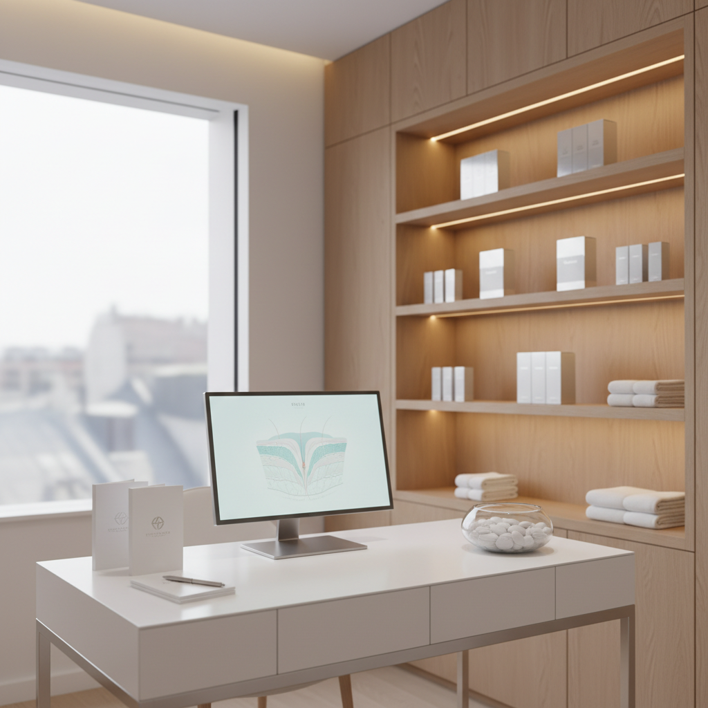 An inviting consultation corner in a cosmetic clinic, featuring a minimalist white desk with a satin finish and thin metal legs, topped with a slim, silver-framed monitor displaying a subtle skin analysis diagram. A small stack of neatly aligned brochures, a fine-tip metal pen, and a single low glass bowl filled with smooth white pebbles provide restrained detail. Behind the desk, a tall built-in shelving niche in warm light wood displays neatly spaced boxed skincare sets and folded white hand towels. Soft, indirect lighting from a concealed strip along the ceiling casts a warm, even glow, while a distant window adds a hint of natural daylight. Photographic realism, shot at eye level with balanced framing and moderate depth of field, creating a professional, reassuring atmosphere ideal for cosmetic treatment planning.