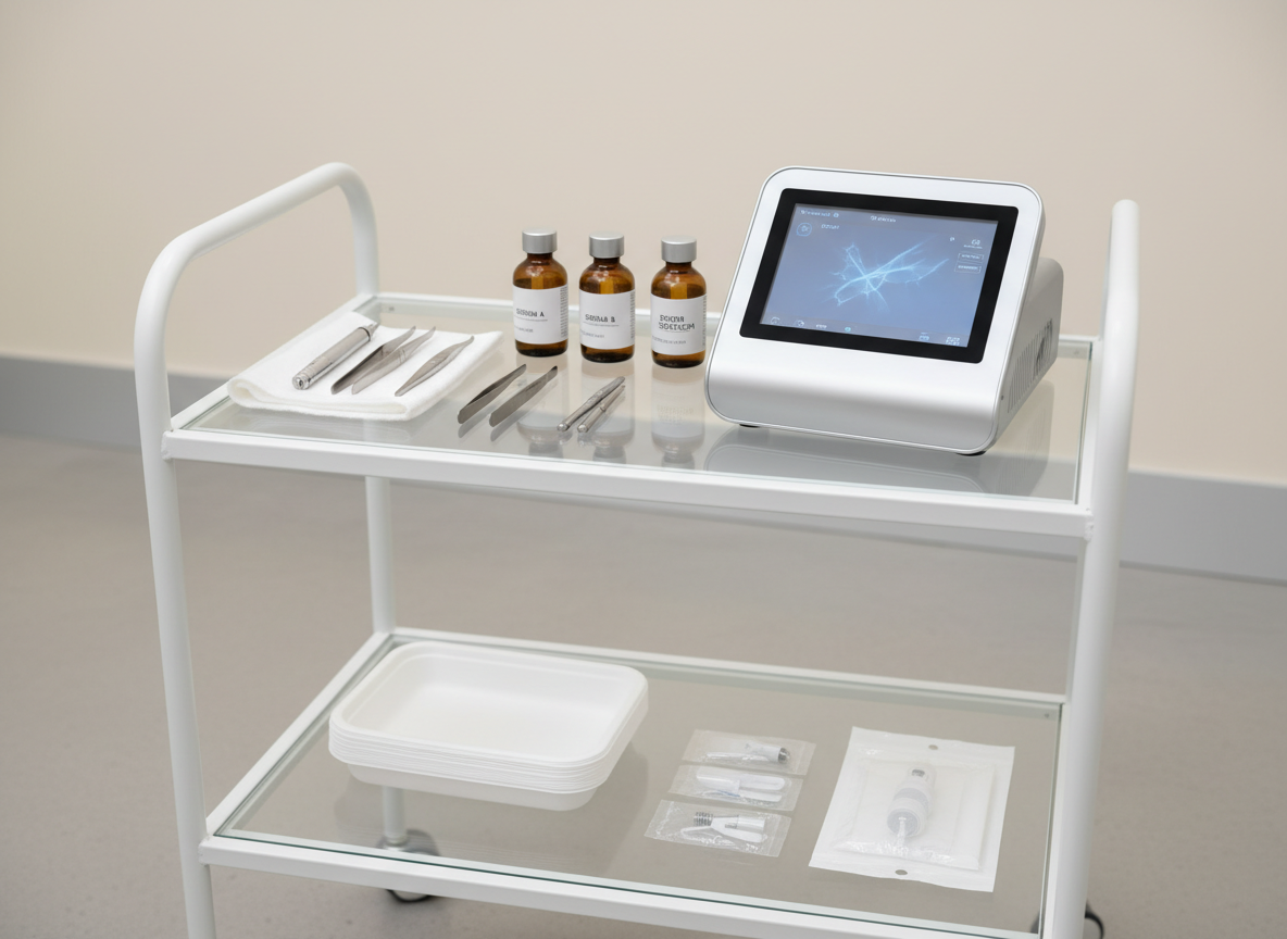 A precision-focused close-up of a cosmetic clinic treatment trolley, with a matte white metal frame and glass shelves, arranged with clinical order. On the top shelf, a digital diagnostic device with a small, crisp display sits beside labeled amber glass vials and a set of stainless-steel instruments on a folded, sterile white cloth. The lower shelf holds neatly stacked disposable white trays and individually wrapped tools. The trolley stands on a seamless, light-grey floor, with a soft cream wall in the background. Cool, controlled studio lighting from the right side casts clean, minimal shadows and highlights the reflective surfaces of glass and steel. Photographic realism, captured at a slightly low angle with shallow depth of field, emphasizing precision, sterility, and the advanced, medical-grade nature of the cosmetic clinic.