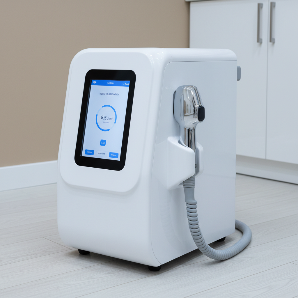 A meticulously detailed, close-up view of a state-of-the-art laser device in a cosmetic skin and laser clinic, featuring a smooth matte-white body with softly rounded edges, a slim touchscreen with a clean blue-and-white interface, and a polished chrome treatment handpiece resting in a molded cradle. A coiled, light-grey cable with a subtle texture connects the handpiece to the main unit. The device stands on a spotless, pale wood-look floor, with a minimal background of a soft beige wall and a hint of built-in cabinetry. Cool, even studio lighting from above and slightly to the side creates crisp highlights on the chrome and gentle shadows that define the contours. Photographic realism, captured at a slightly angled, mid-close perspective, emphasizing cutting-edge technology and a professional, trustworthy clinical environment.