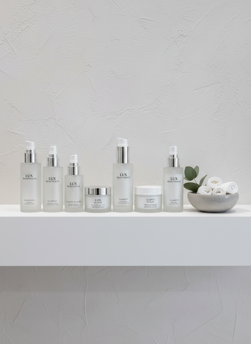 A close-up, photographic realism shot of a neatly arranged display of premium skincare products on a floating white shelf in a cosmetic clinic. Frosted glass and glossy white bottles with silver and matte black pumps are lined in precise order, labels clean and minimal with subtle typography. The shelf is mounted on a pale, textured plaster wall, with a small polished stone bowl holding rolled white cotton pads and a single eucalyptus sprig for a hint of natural green. Soft, diffused studio lighting from the left creates gentle reflections on the glass and subtle shadows beneath each item. The composition uses the rule of thirds with a shallow depth of field, keeping the central products in crisp focus while the edges blur slightly, evoking a refined, clinical yet soothing atmosphere.