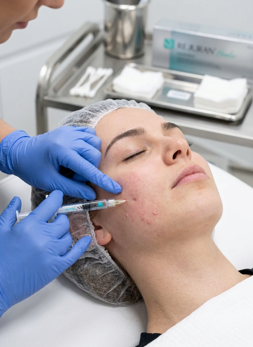 Medical professional injecting dermal filler into patient's cheek with needle