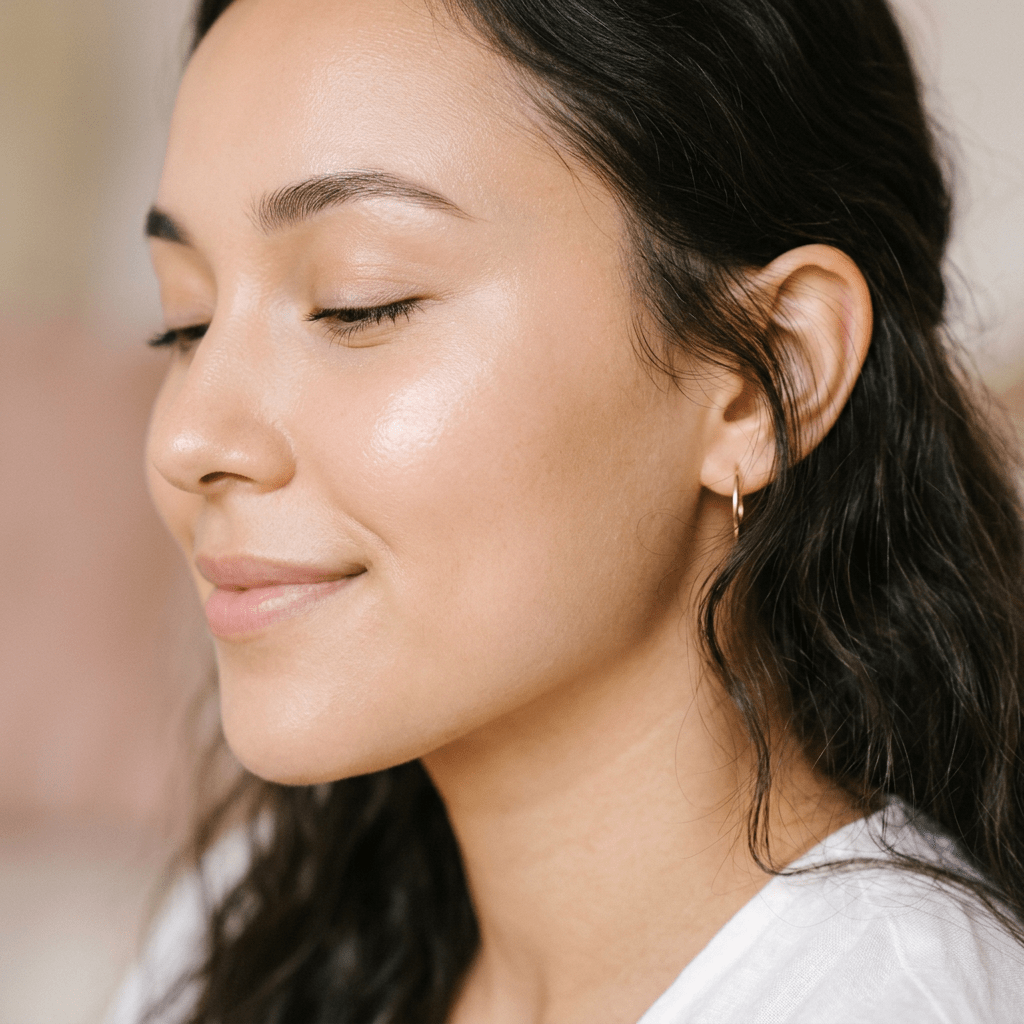 Close-up of a woman with clear glowing skin and closed eyes wearing a small gold hoop earring